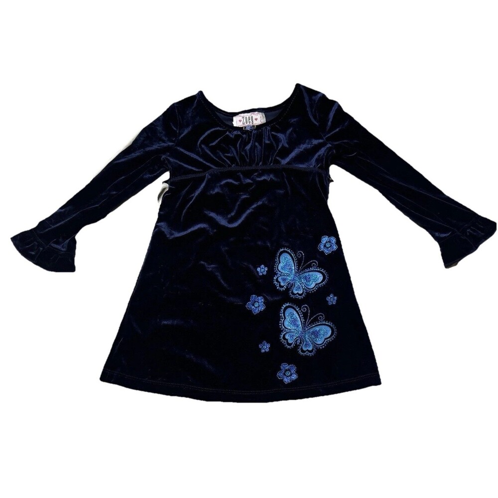 Vintage Zoe Ltd Navy Velvet Butterfly Dress Girls Size 4T Y2K Holiday Party
